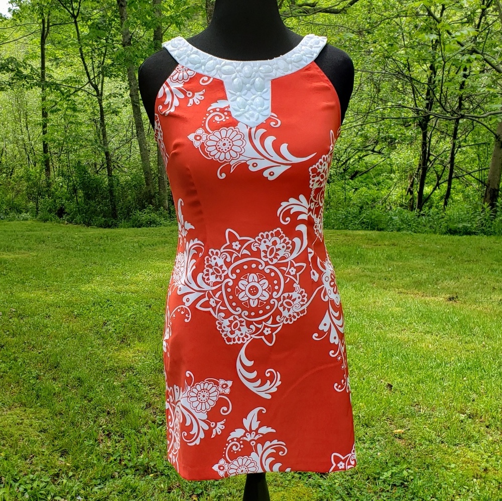 Connected Petite Orange Red & White Dress Size 8P